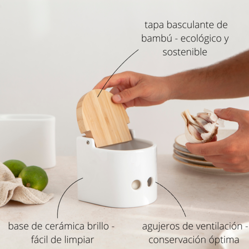 Bote de ajos cocina cerámica y bambú SEMI - blanco brillo
