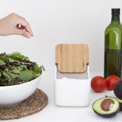 Salero de cocina  con tapa bambú SQUARE - blanco brillo