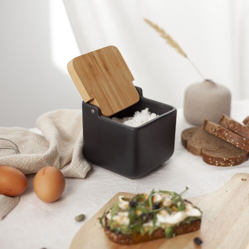 Salero de cocina  con tapa bambú SQUARE - negro mate