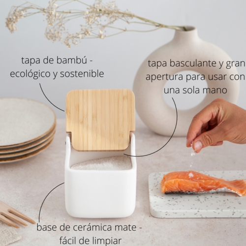 Salero de cocina  con tapa bambú SQUARE - blanco mate