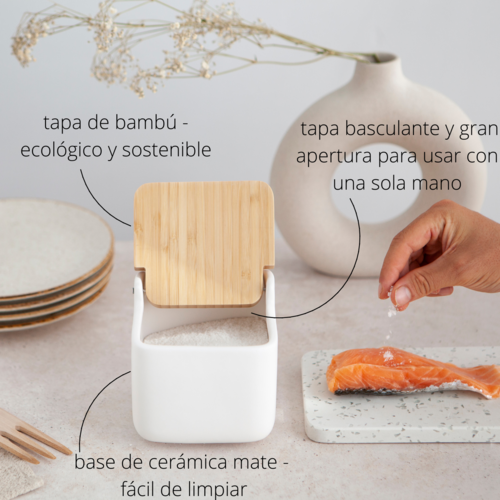 Salero de Cocina de Cerámica cuadrado con tapa de madera de Bambú Color  blanco mate