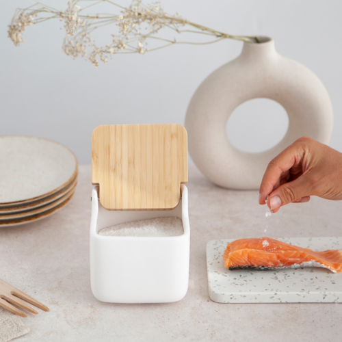 Salero de cocina  con tapa bambú SQUARE - blanco mate