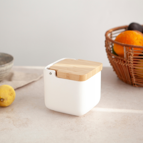 Salero de cocina  con tapa bambú SQUARE - blanco mate
