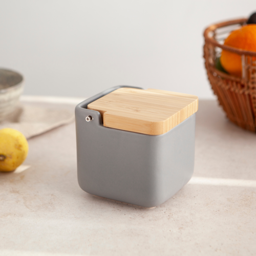Salero de cocina  con tapa bambú SQUARE - gris mate