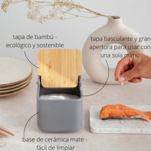 Salero de cocina  con tapa bambú SQUARE - gris mate