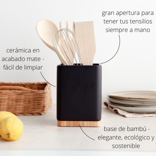 Porta utensilios de cocina con base de bambú SQUARE - negro mate