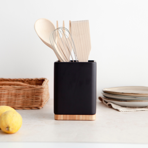 Porta utensilios de cocina con base de bambú SQUARE - negro mate