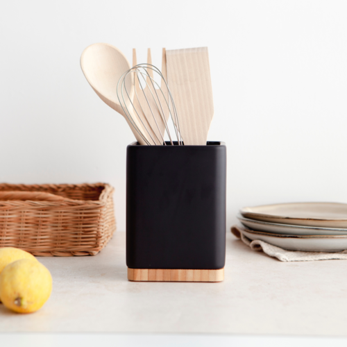 Porta utensilios de cocina con base de bamb SQUARE - negro mate