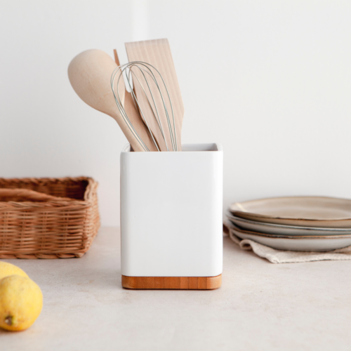 Porta utensilios de cocina con base de bambú SQUARE - blanco brillo