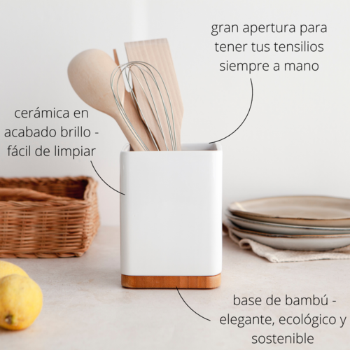 Porta utensilios de cocina con base de bambú SQUARE - blanco brillo