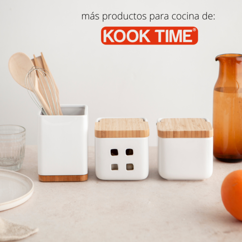 Porta utensilios de cocina Bote para utensilios cerámica y bambú Soporte utensilios  cocina cuadrado- blanco brillo