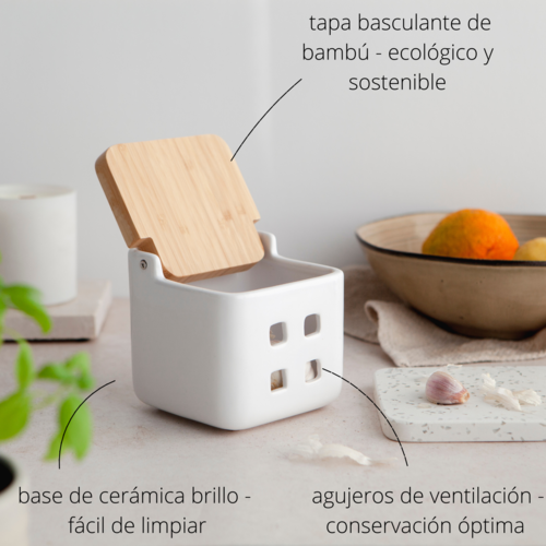 Bote de ajos cocina cerámica y bambú SQUARE - blanco brillo