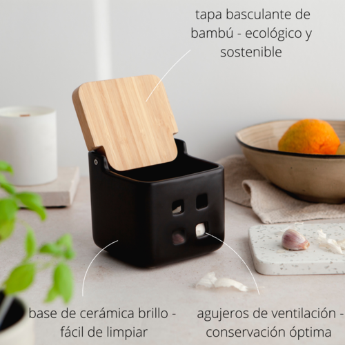 Bote de ajos cocina cerámica y bambú SQUARE - negro mate