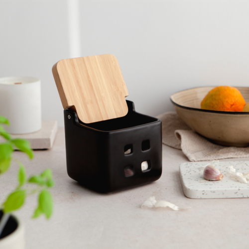 Bote de ajos cocina cerámica y bambú SQUARE - negro mate