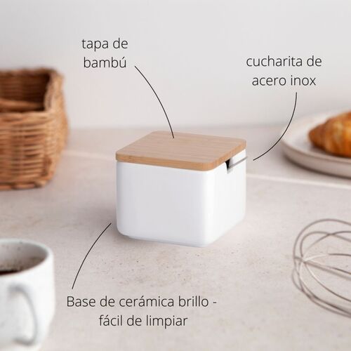 Azucarero cuadrado de cerÃ¡mica con tapa bambÃº - blanco