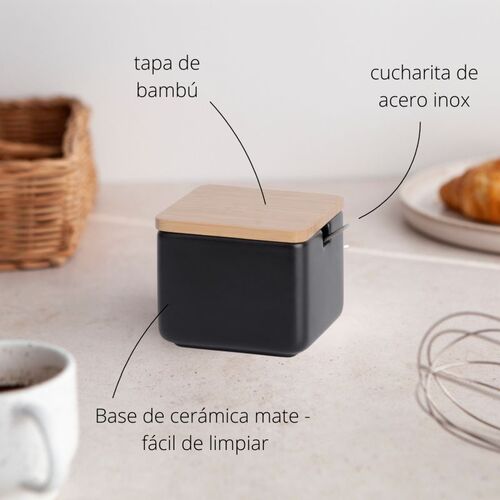 Azucarero cuadrado de cerÃ¡mica con tapa bambÃº - Negro mate