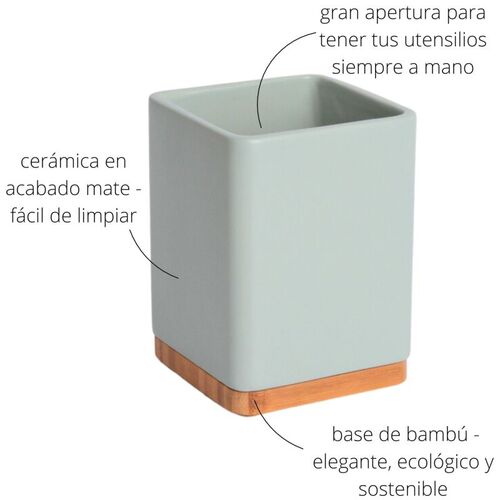 Porta utensilios de cocina con base de bambú SQUARE - sage mate