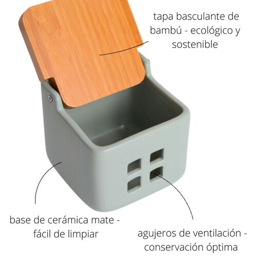 Bote de ajos cocina cerÃ¡mica y bambÃº square - sage mate